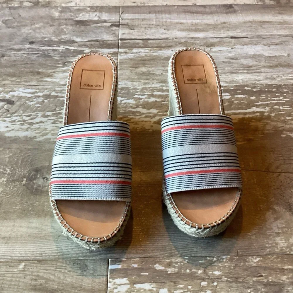 Dolce Vita Striped Canvas Espadrille Wedge Slides in Cream, Black & Coral